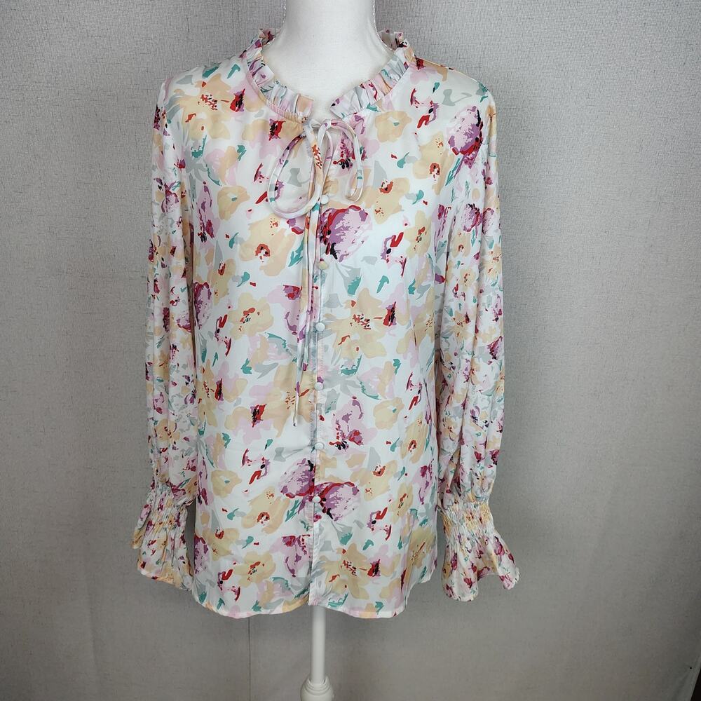 C+D+M Collection Floral Blouse Large Ruffle Tie Neck Bell Sleeve Cottagecore